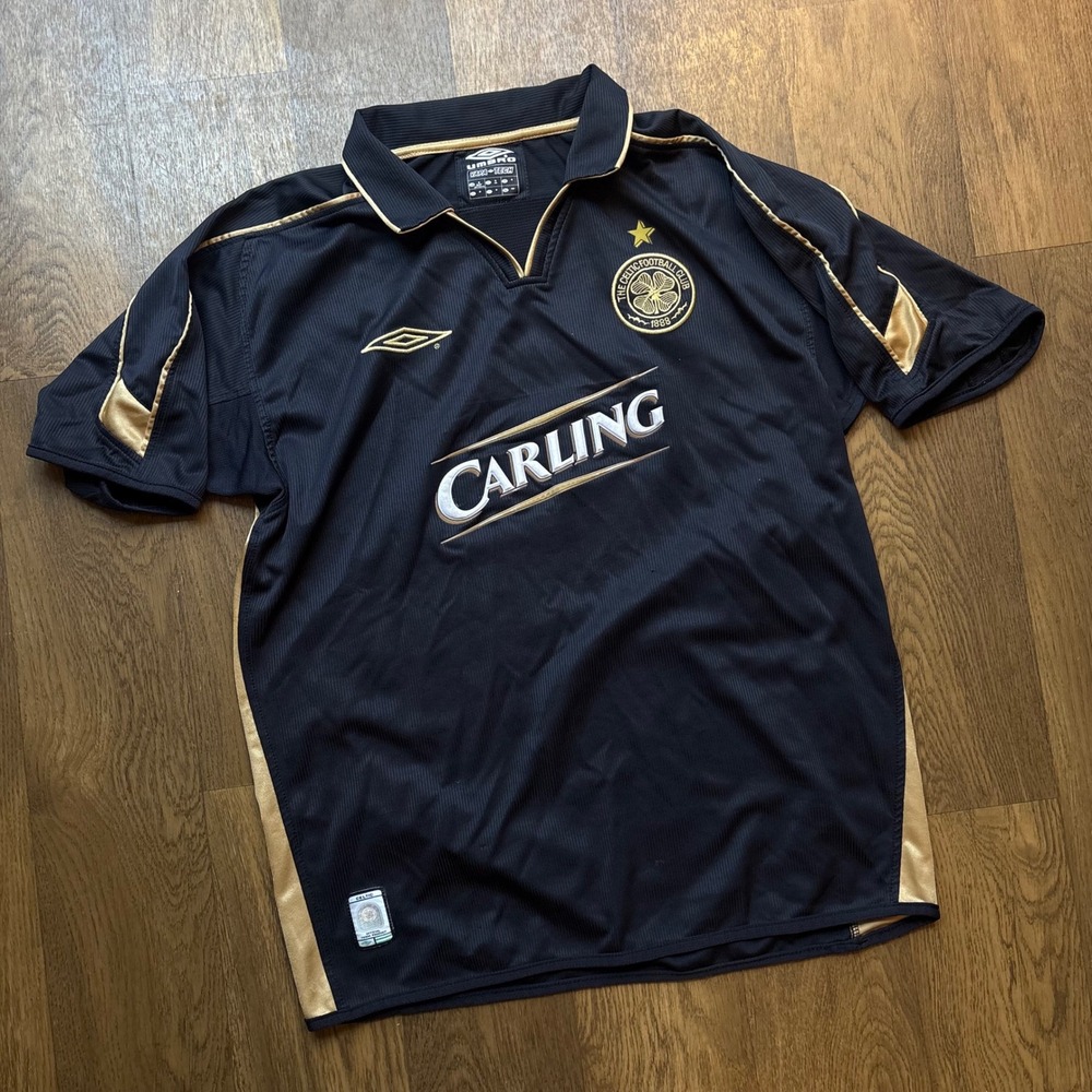 Vtg Y2K 03-2004 Umbro Celtic Football Club Carling Collared Black Soccer Jersey